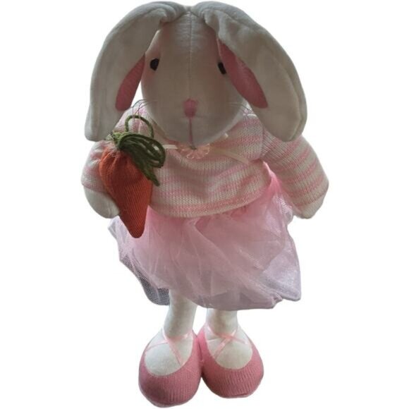 16" Plush Easter Bunny Decor Pink Tulle Skirt & Striped Sweater Holding Carrot - Picture 3 of 6
